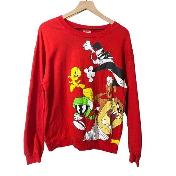 $10 SALE Looney Toons Character Sweatshirt Bright Red Tweety Bugs Bunny L 11-13 - Picture 1 of 9
